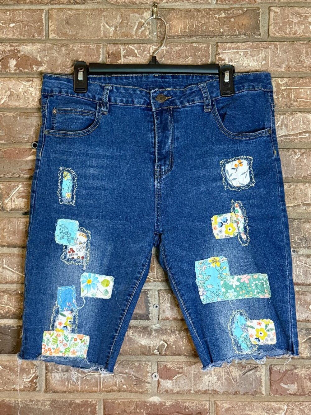 Upcycled Denim Shorts, Floral Patchwork Festival Shorts with Distressed Hem